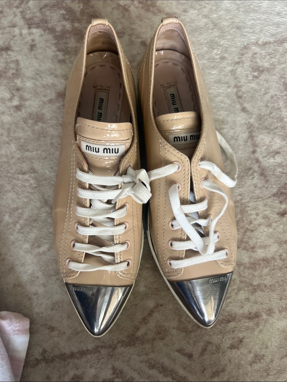 Miu Miu Patent Nude Sneakers with Silver Cap Toe